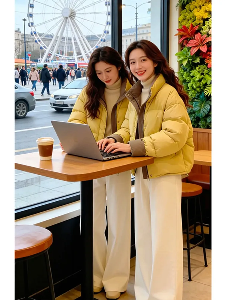 

Утепленная хлопковая куртка-пуховик для женщин, зимняя, маленького размера, с воротником-стойкой, в стиле колор-блок, корейский стиль