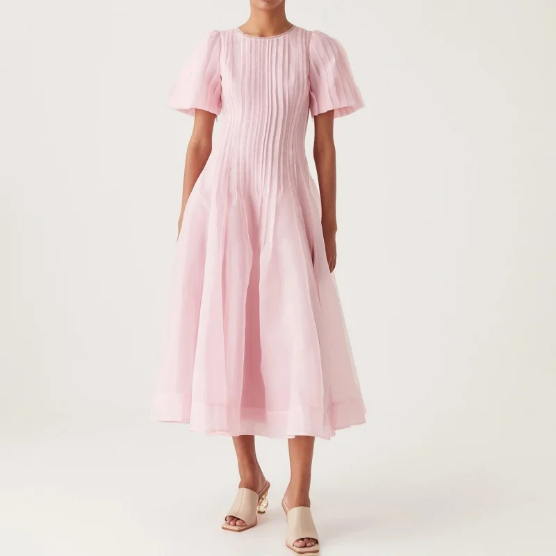 Verão 2025 feminino em torno do pescoço dupla camada tecido trabalho pesado vestido de manga curta y2k alta qualidade moda rua a linha saia