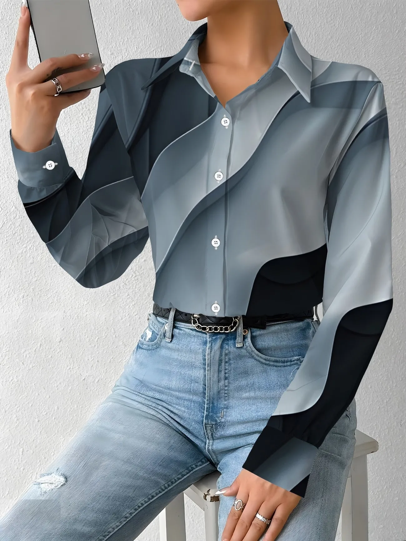 Ladies 3D Color Gradient Stripe Print Shirt Spring Summer Long Sleeve Turn-down Collar Button-up Casual Top