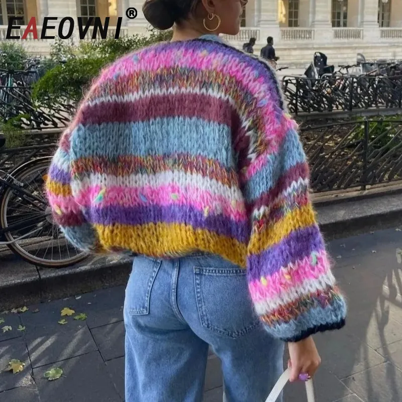 

EAEOVNI Colorful Striped Knitted Cardigan Sweater Women V Neck Long Sleeve Oversize Coat Streetwear Autumn Winter New Clothing
