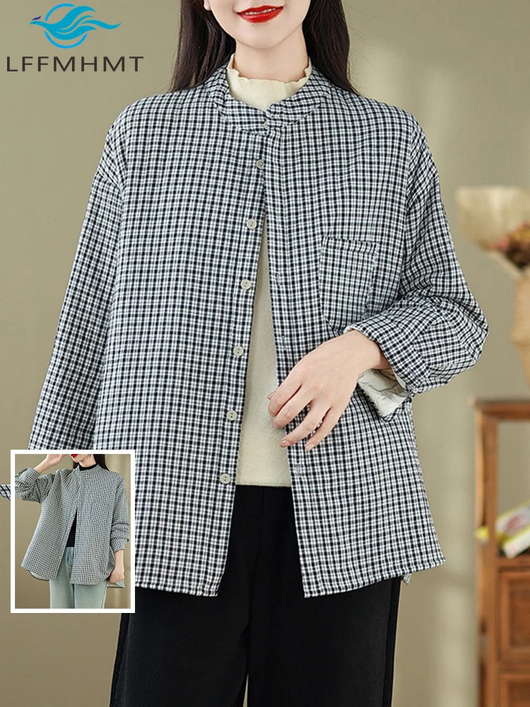 Cotton Padded Lightweight Plaided Shirt Women's Winter Fall Fashion Long Sleeve Stand Collar Single Breasted Korea Style Blouses