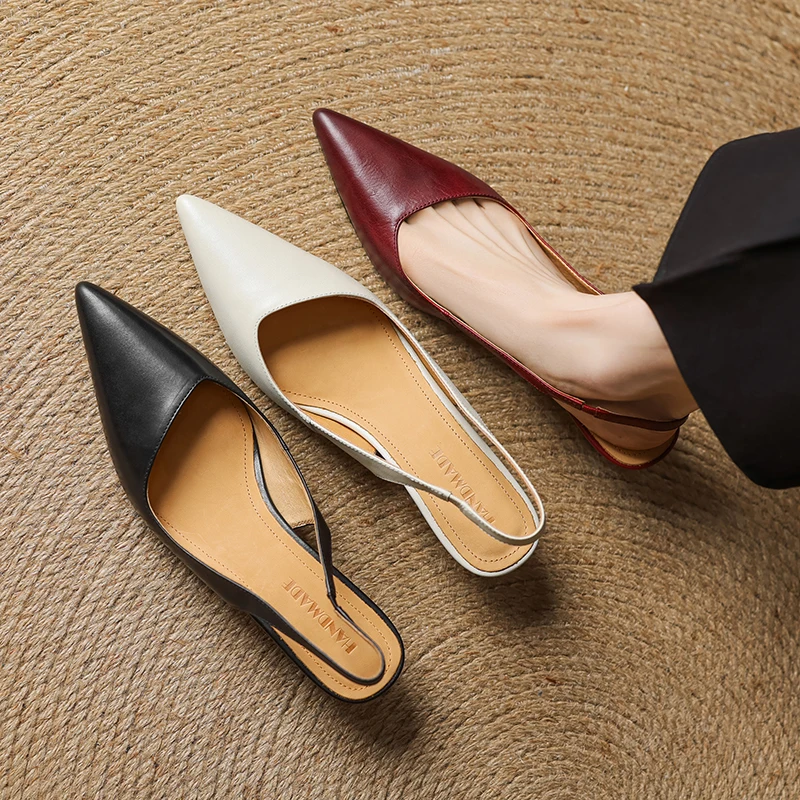 2026 new summer women sandals natural leather plus size 22-25cm cowhide+pigskin pointed toe back-strap high heel women shoes