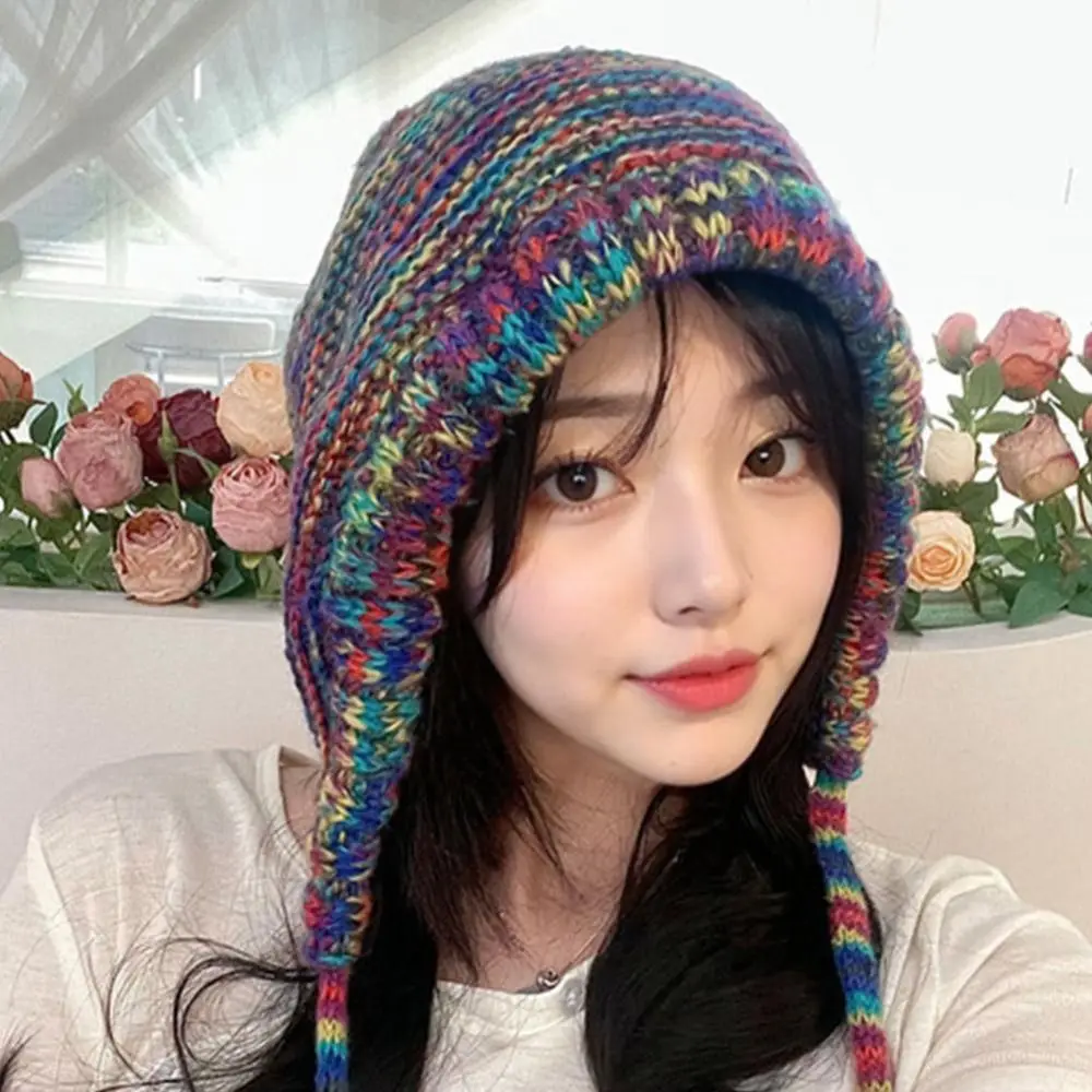 Rainbow Striped Knitting Beanie Hat Gradient Wool Handmade Crochet Crochet Cap Thick Knit Soft Fabric Stripe Beanie Hat