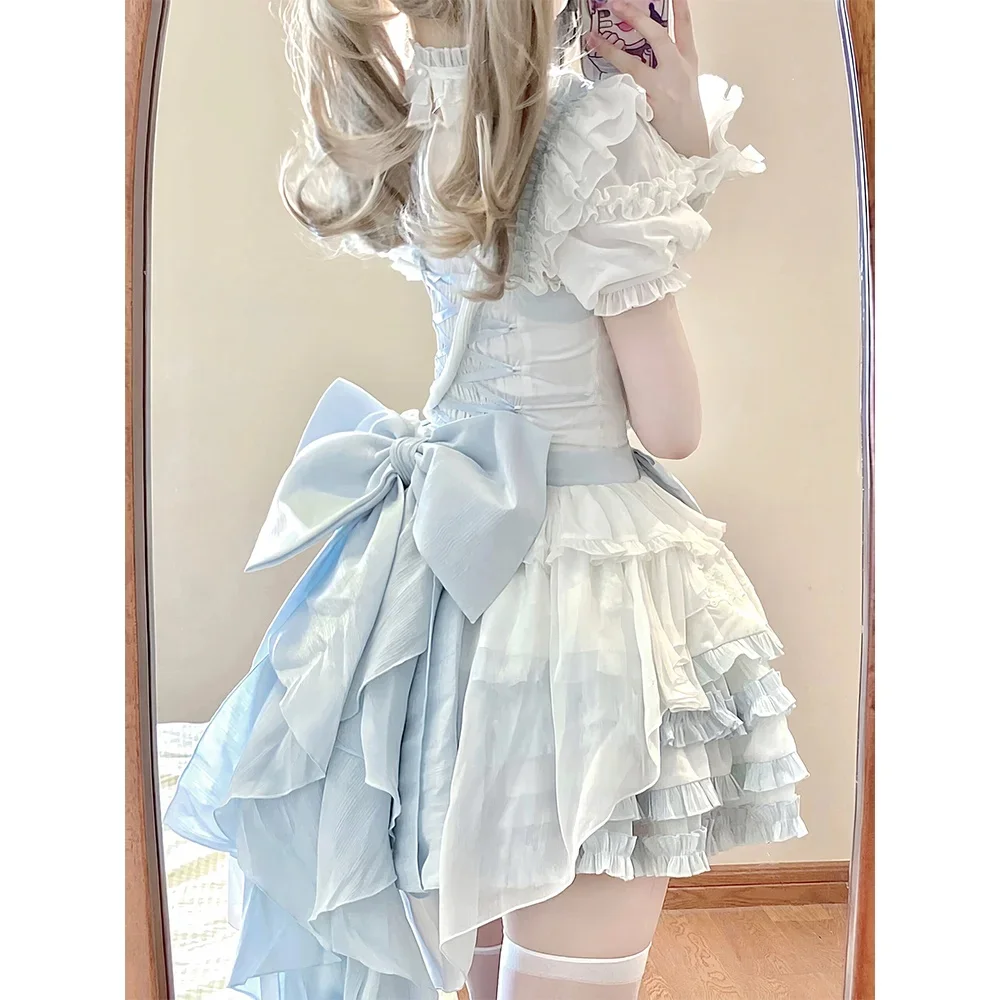 

Cute Lolita Princess Dress Bow Lace Princess Dress Blue and White Sweet Song-promotion Costume Lolita Dress 2025 summer newstyle