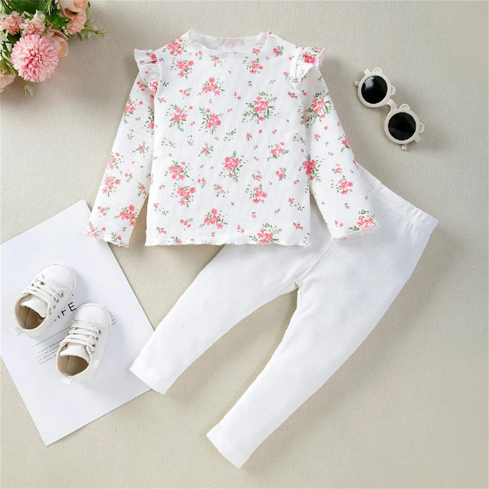 Spring Autumn Baby Girls Outfits Floral Print Long Sleeve Pullovers T Shirt+Long Pants Sets 2Pcs Clothes For Girls 0 to 3 Years