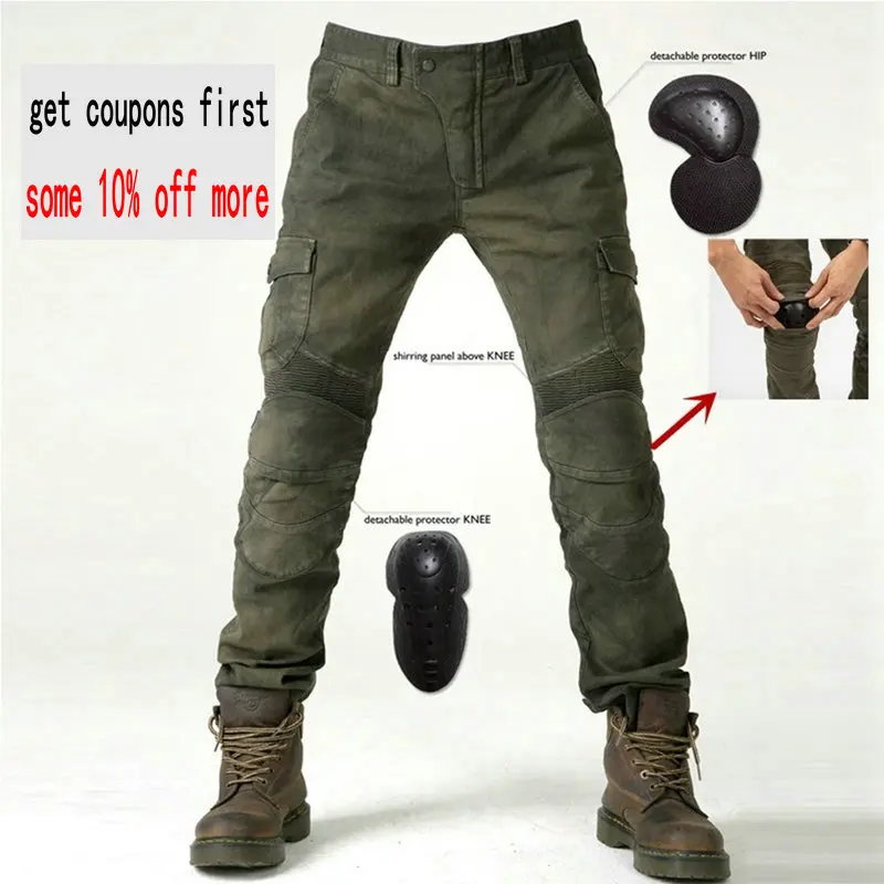 

Four Seasons Motorcycle Black Green Jeans Outdoor Riding Gear Pants Warm With Protective Gear Motor Trousers Knee Pads Removable