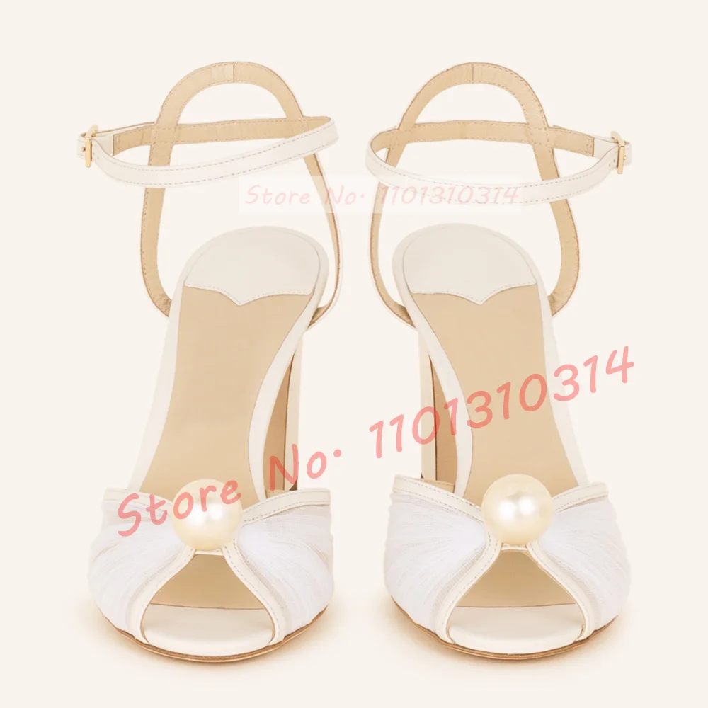 Tulle Pearl Ankle-Strap Sandals Women Wedding Peep Toe High Block Heels White Party Shoes Bride Luxury Casual Mesh Evening Shoes