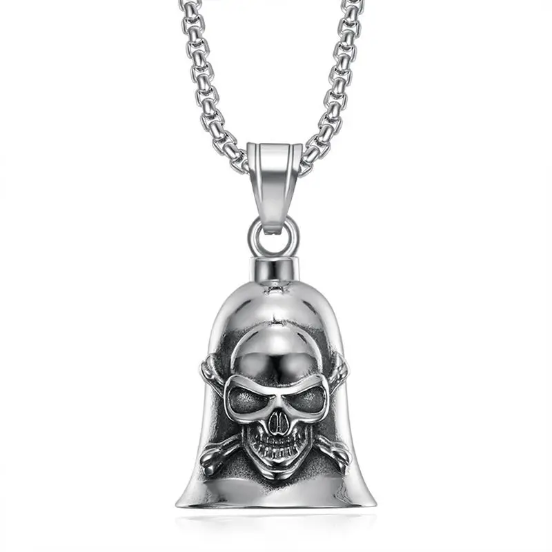 Retro Gothic pirate big ghost head skull bell pendant necklace men\'s punk motorcycle riding rock jewelry