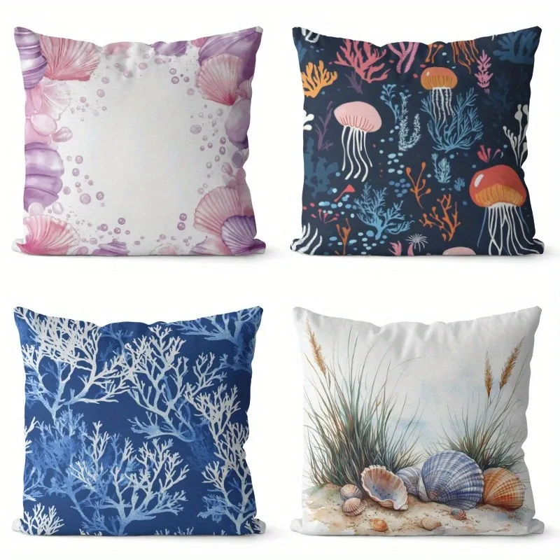Seashells & Jellyfish Ocean-Printed Pattern Cushion Cover Suitable For Sofa Bedroom Car Pillow Cover