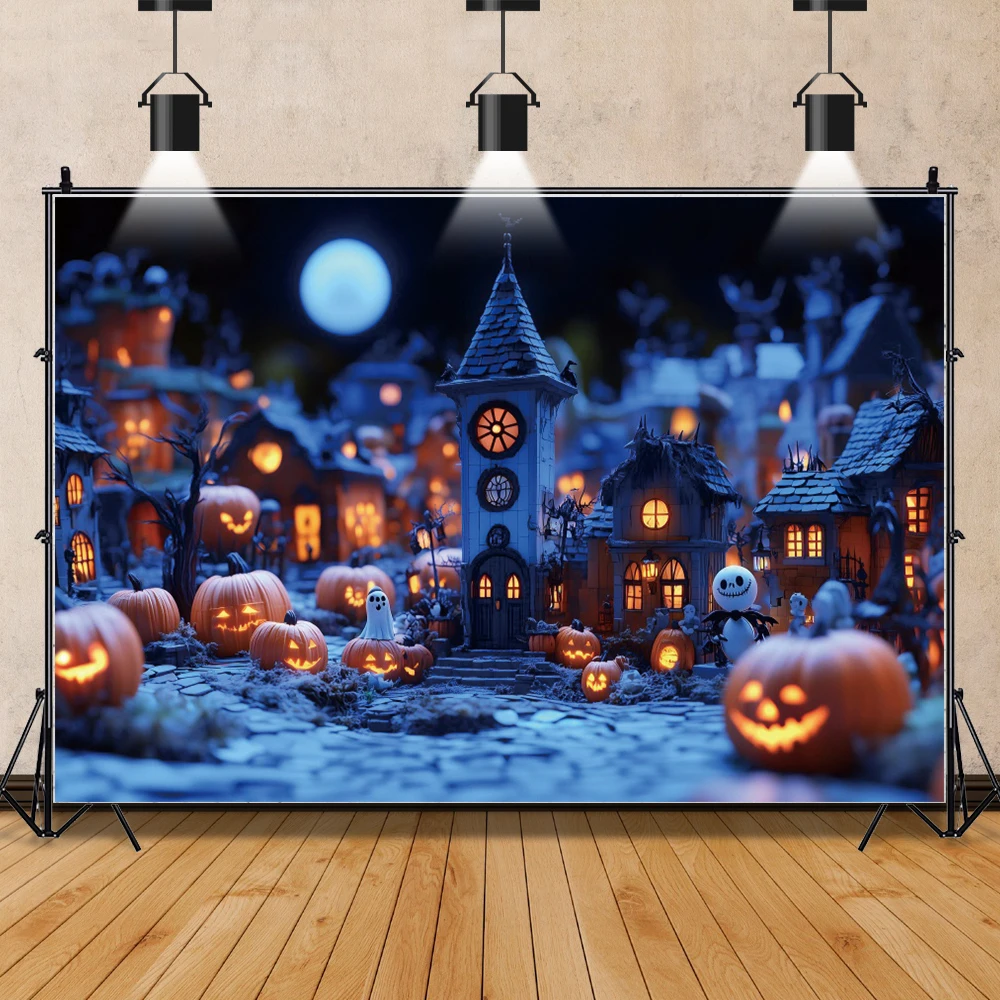 Halloween Street Pumpkin Lights Photography Background Night Castle Full Moon Horror Theme Birthday Backdrop Photo Studio Props