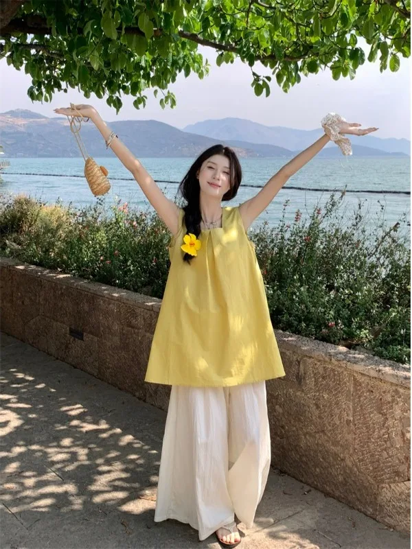 

Spring 2026 Korean Style Loose Slimming Sleeveless Vest Dress High Waist Flared Pants Two-Piece Set Casual Wear for Women