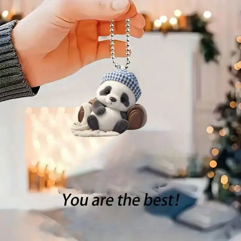 2D شقة موضة لطيف الباندا قلادة سلسلة مفاتيح مصنوعة من الأكريليك الكرتون الحيوان شجرة المنزل نافذة ديكور معلق مرآة الرؤية الخلفية الملحقات #3