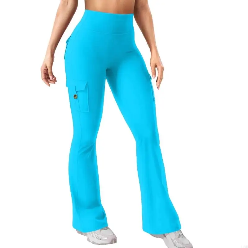 Women's Cargo Pants High Waist Fashion Flared Elastic for Training Wide Leg Yoga Pants with Pockets F3MD