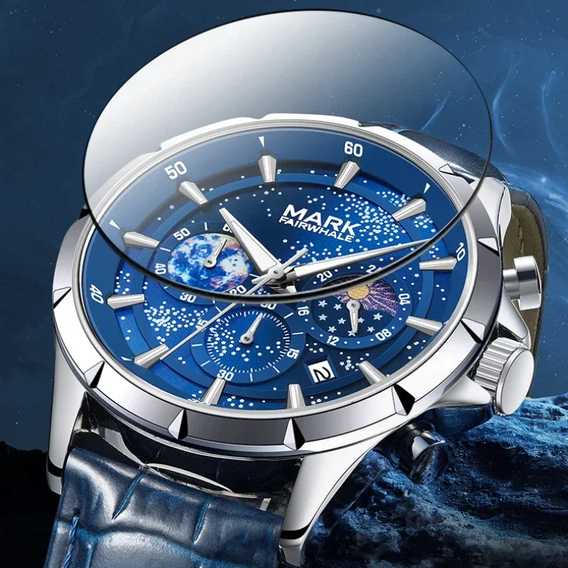Man Multi Function Moon Phase Star Series Watch Men Leather Waterproof Luminous Automatic Quartz Watch