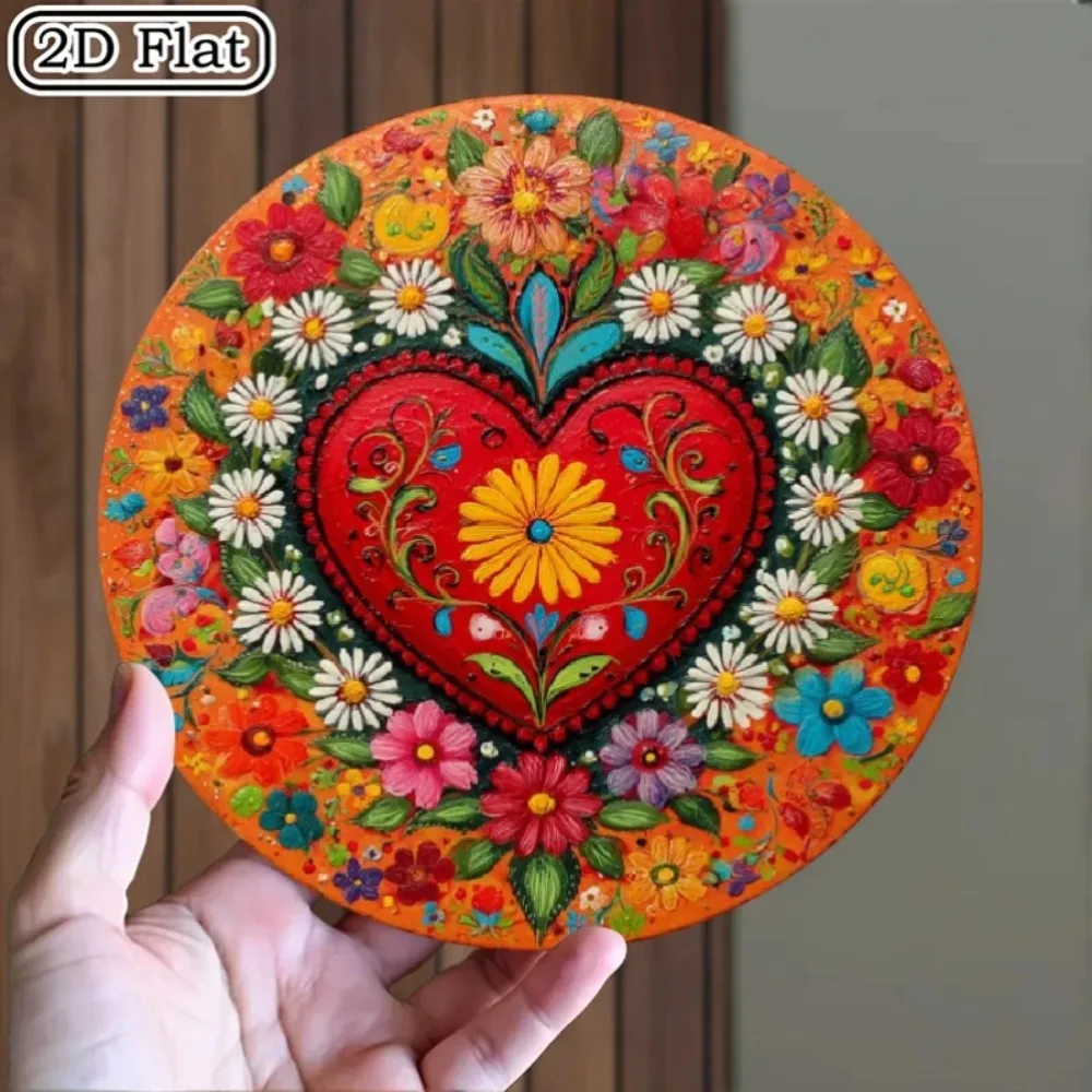 Vintage Mexikanische Heiliges-Herz-Metallwandkunst, 7,8 Zoll, rund, florales Dekor, leuchtende Farben für das Wohnzimmer