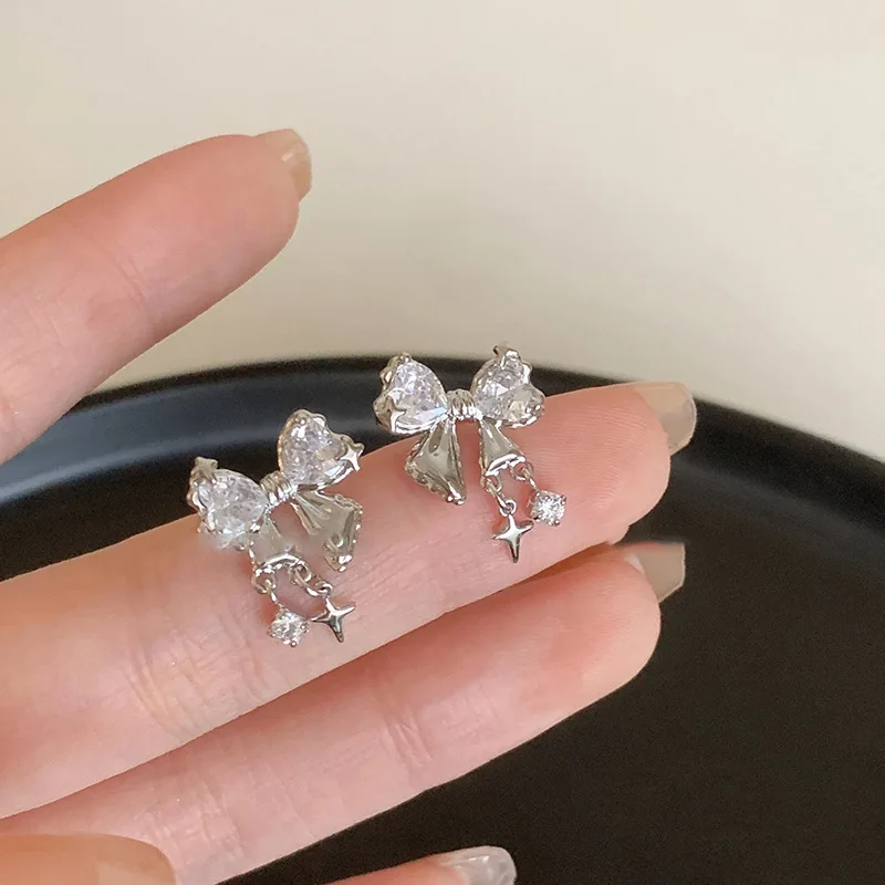 Pink Four-pointed Star Zircon Bow New Y2K Stud Earrings Personality Fashion Cold Style Light Luxury High-end Earring for Women