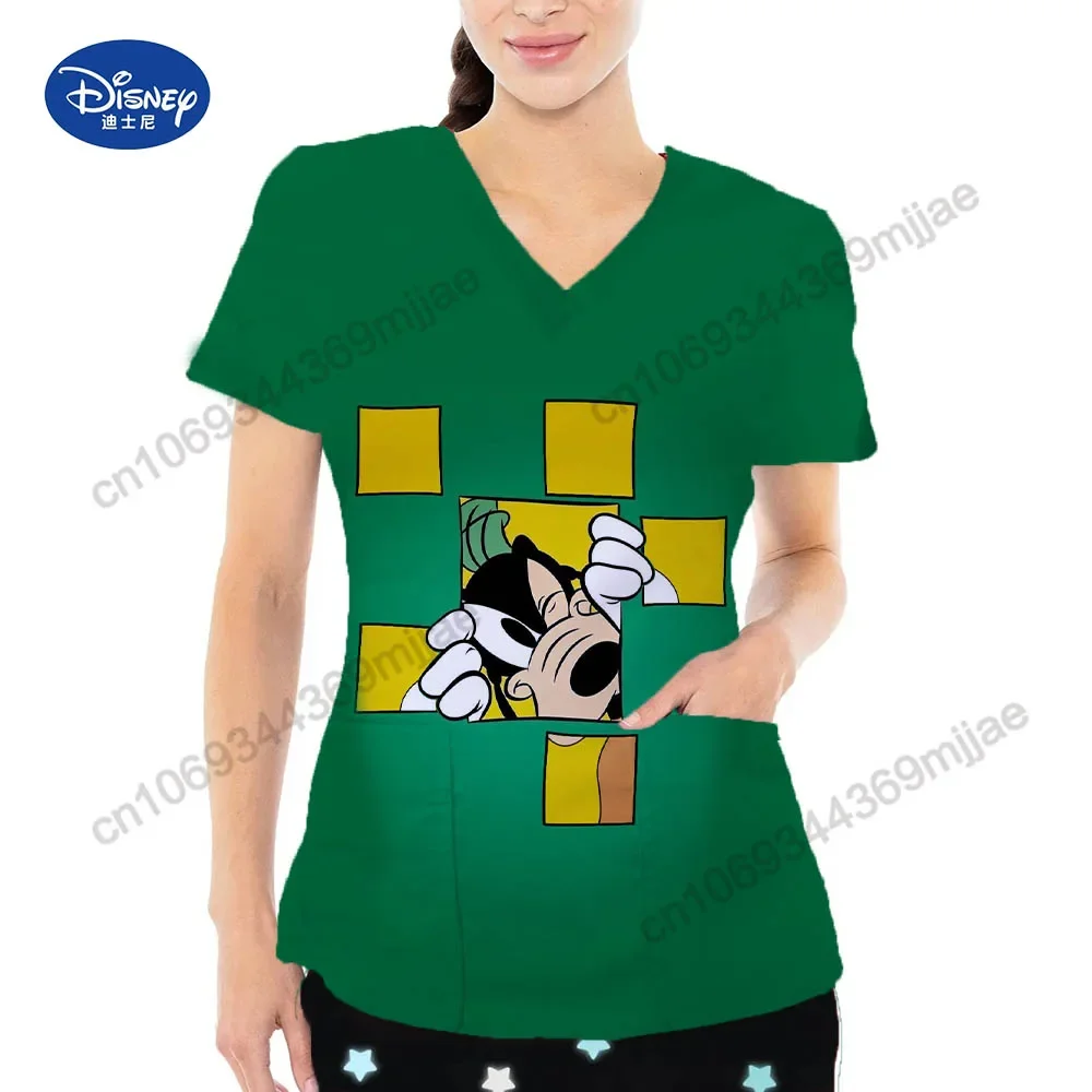 Pocket fashion and comfortable clothing Y2k women's casual V-neck nurse uniform Disney cartoon T-shirt casual girl T-shirt