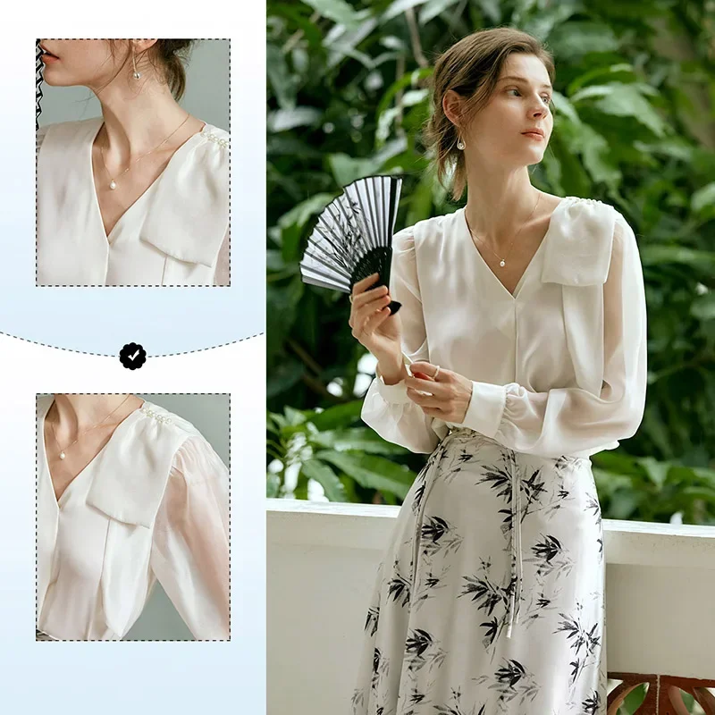 OLrain Bow V-neck Shirts Womens Autumn 2025 New Satin Casual Elegant Puff Sleeve Chic Blouse Tops Female M56QC93221