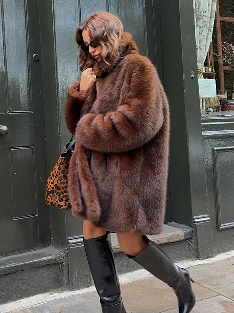 Women's Thick Brown Faux Fur Overcoat Fashion Lapel Long Sleeve Fluffy Warm Trench Coat 2024 New Winter Plush Street Outerwear