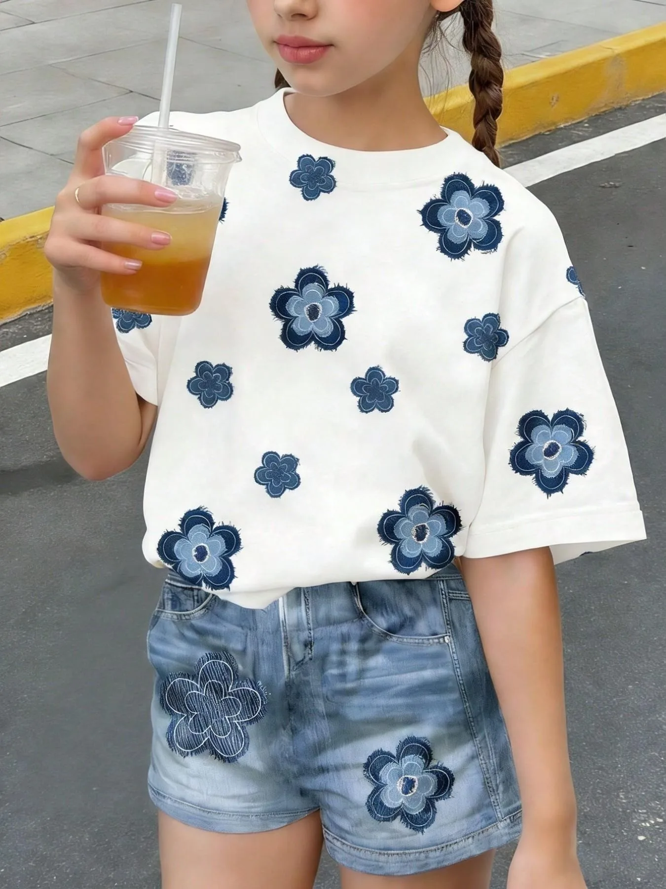 Kids Girls 2-Piece Floral Embroidery Short Sleeve T-shirt & Denim-Look Shorts Set Summer Casual Streetwear Daily School Outfit（N