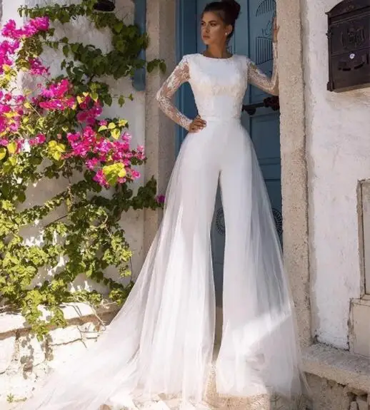 Macacão De Casamento A Linha, Mangas Compridas, Vestido De Tule Boho, Vestidos De Noiva, Vestido De Noiva