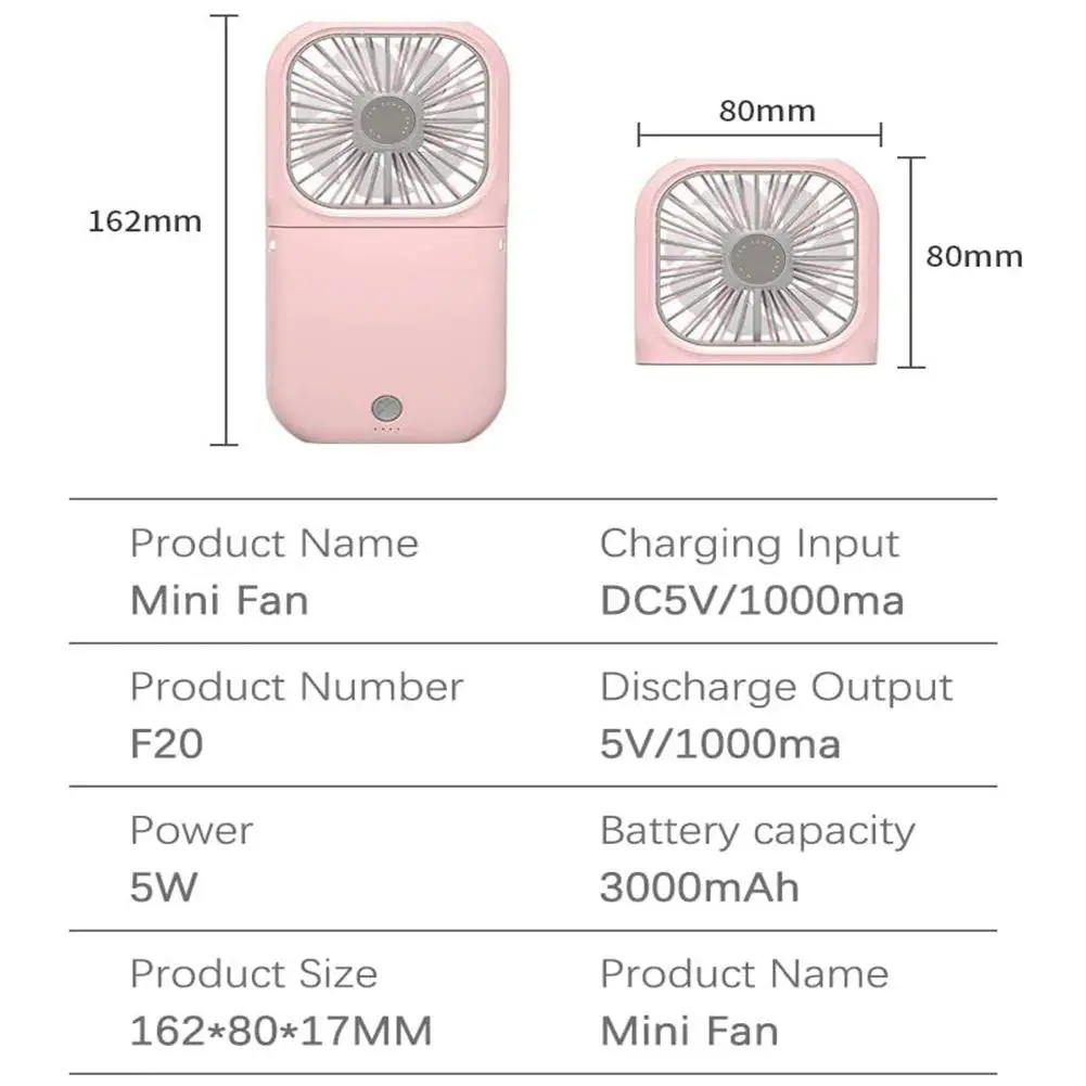 Portable Neck Fan Mini Quiet Handheld Personal Foldable USB Rechargeable Operated 3000mAh Power Bank Hands Free