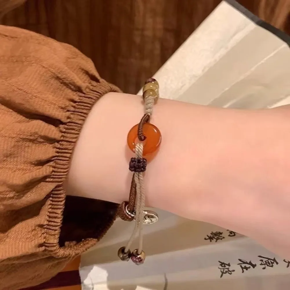 Chinese Style Woven Rope Bracelet Adjustable Handmade Women Bracelets Ethnic Style Amber Colored Coffee Peace Buckle Chain