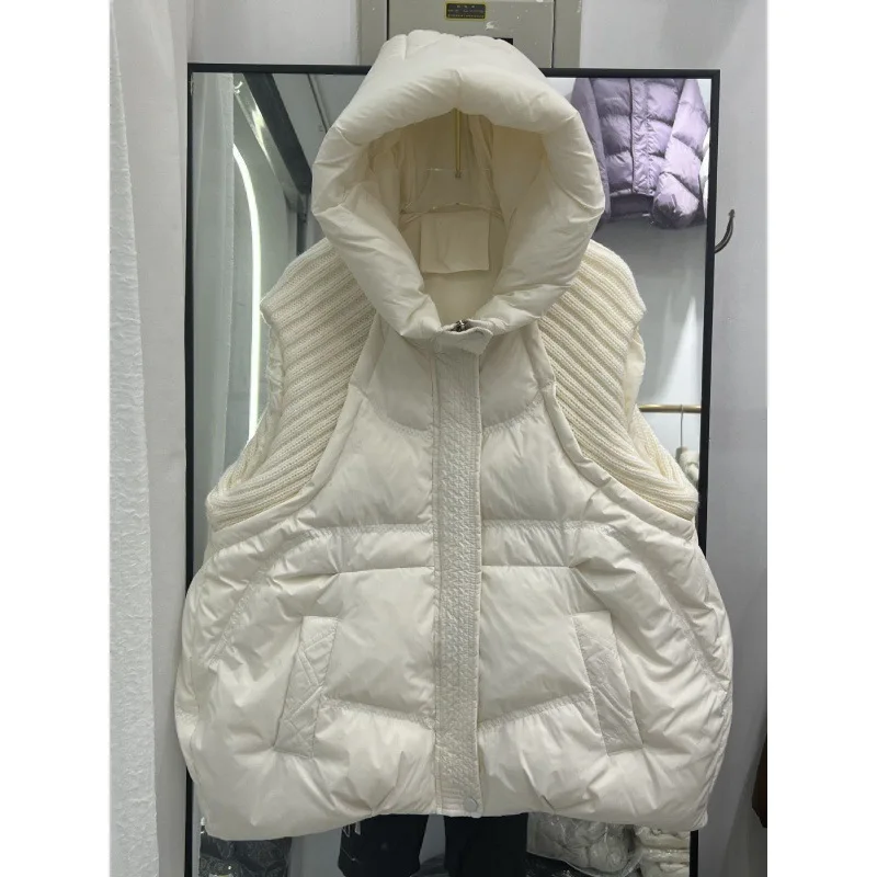 Women's Autumn Winter New Down Jacket Vest Short Hooded Thicken Knitted Wool White Duck Down Waistcoat Outerwear Sleeveless Top