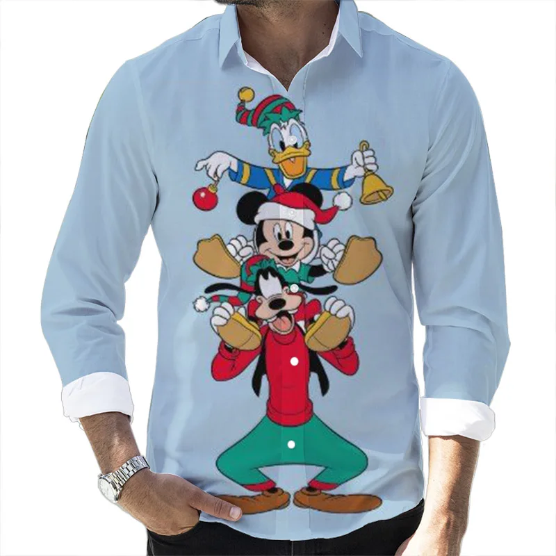 New Christmas Fall Fashion Popular Disney Brand Donald Duck and Mickey 3D Printed Long Sleeve Lapel Shirt Slim Fit Men\'s Top y2k