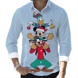 New Christmas Fall Fashion Popular Disney Brand Donald Duck and Mickey 3D Printed Long Sleeve Lapel Shirt Slim Fit Men's Top y2k