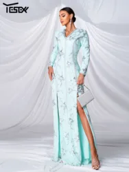 Yesexy 2026 New Women Autumn Ethnic Style Dress Blue New V Neck Long Sleeved Split Evening Gown High Quality Luxury Dress