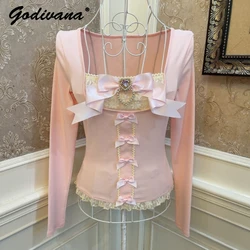 Elegant Ballet Princess Bow Pearl Diamond Lace Slim Short Top Girls Spring New Long Seeve Lolita Pink T-shirt Tops