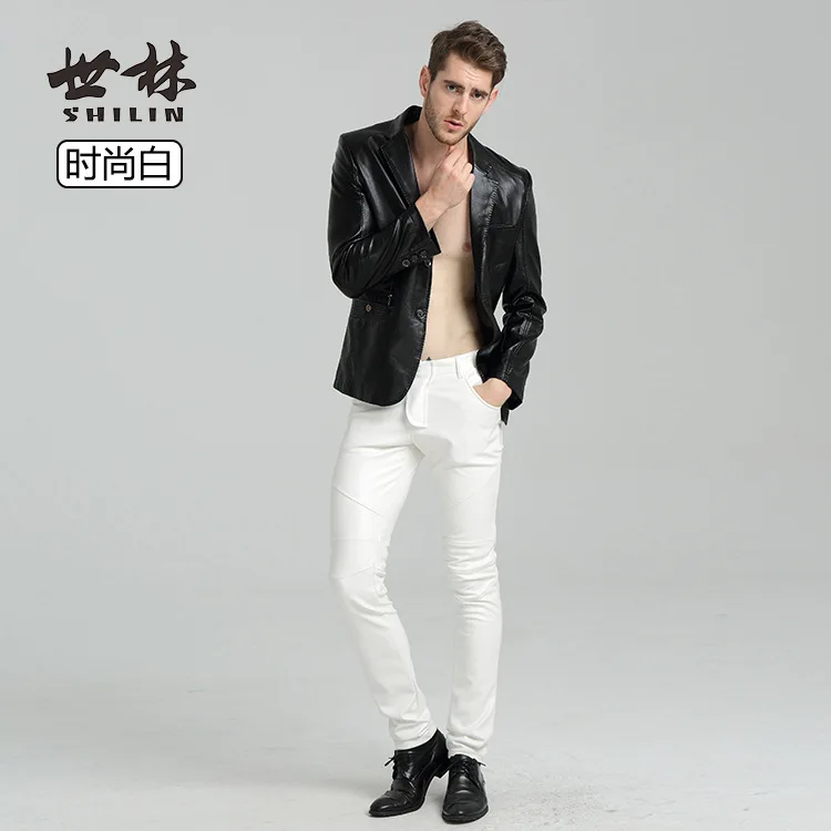 

2024 Men's New Spring Summer Slim-Fit Leather Pants Youth Tight Personality Fashion Stitching PU Leather Pants