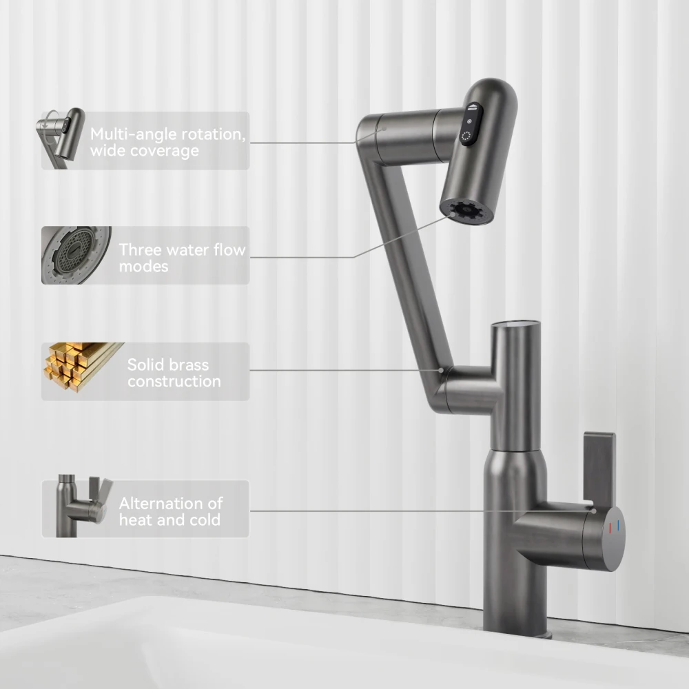 スプレー機能付きバスルームシンク蛇口,温度表示,滑り止めスイッチ,ホットおよびコールド,360 ° 回転,灰色の銃
