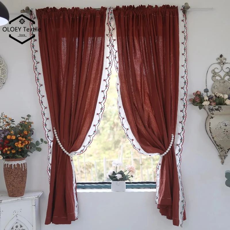 

Vintage Wine Red Cotton Linen Lace Patched Curtain for Bedroom Living Room Kitchen Curtain Decoration French Window Door Curtain