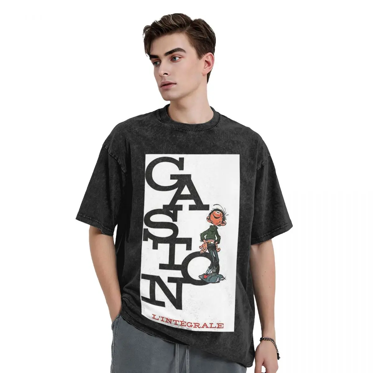 Gaston Lagaffe Washed T Shirts Printed Short Sleeve Hip Hop T-Shirt Streetwear Tops Tees for Men Women