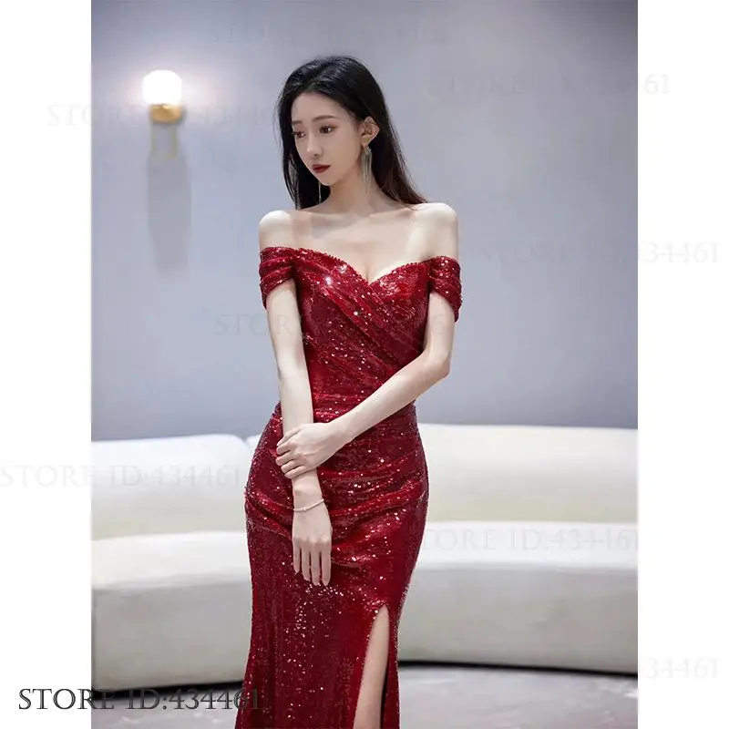 Moda longa vestido feminino sexy fora do ombro slash neck sereia vestido de festa à noite espumante split noiva vestido de casamento