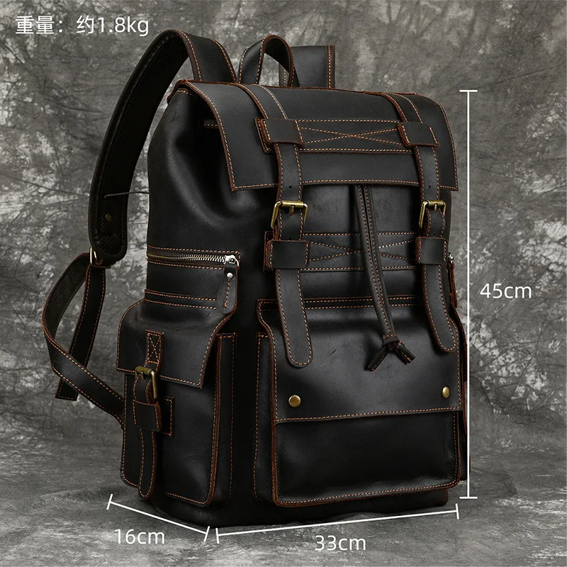 Retro men's simple fashion with leather crazy horse leather multi-functional large capacity notebook travel student backpack