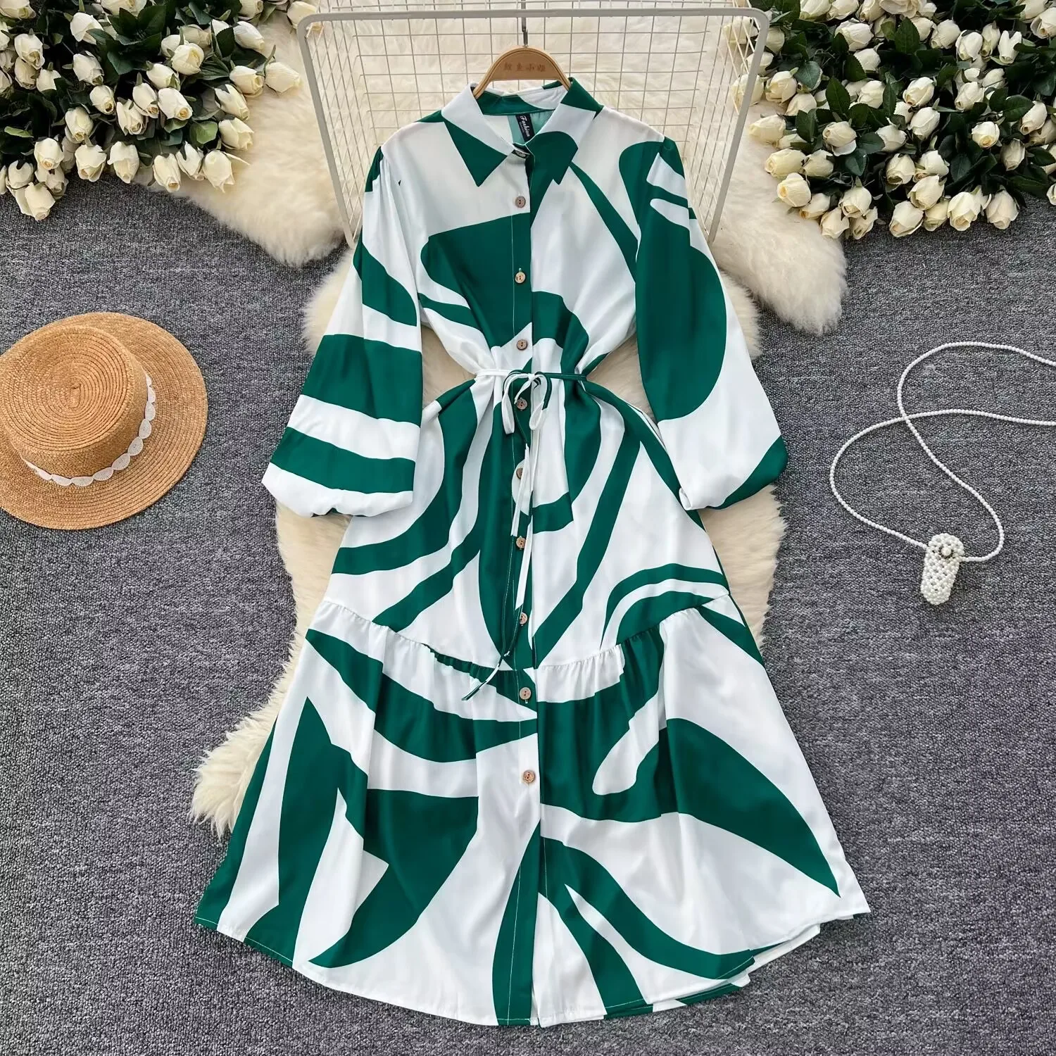 Robe chemise à lacets imprimée à manches longues pour femmes, col rabattu, simple boutonnage, Maxi, nouvelle mode printemps 2025