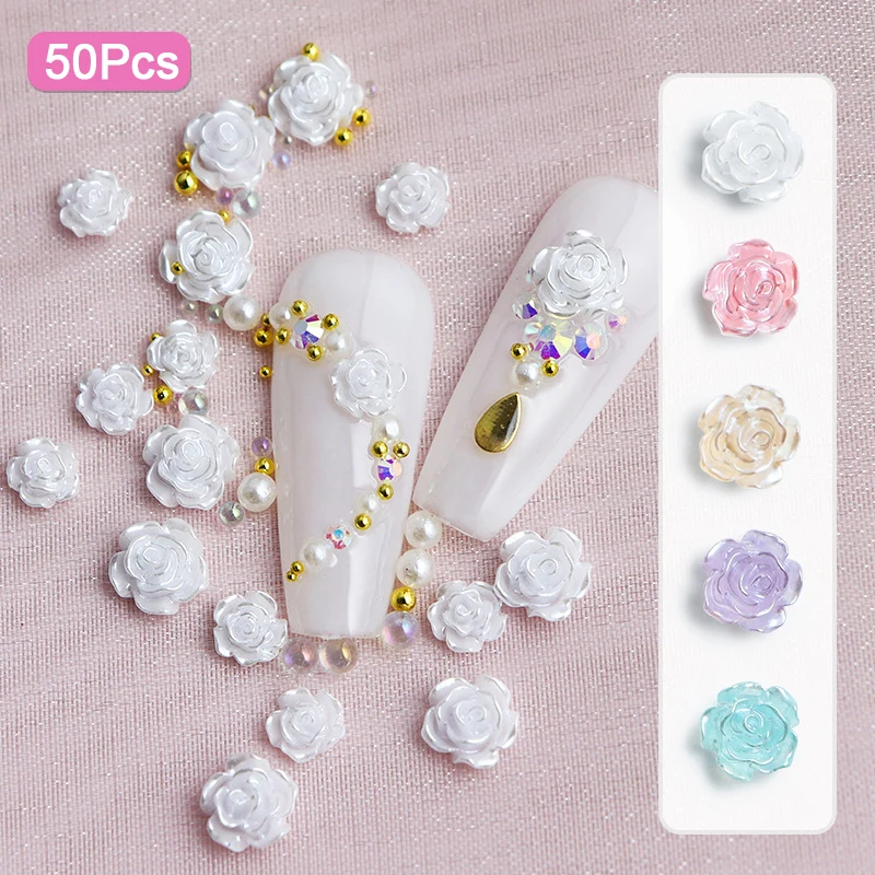 50 Pz/borsa FAI DA TE Unghie Artistiche Decorazione 3D Resina Perlescenti Camelia Con Sfere D'acciaio Perla Manicure Diamante Manicure Design Accesso