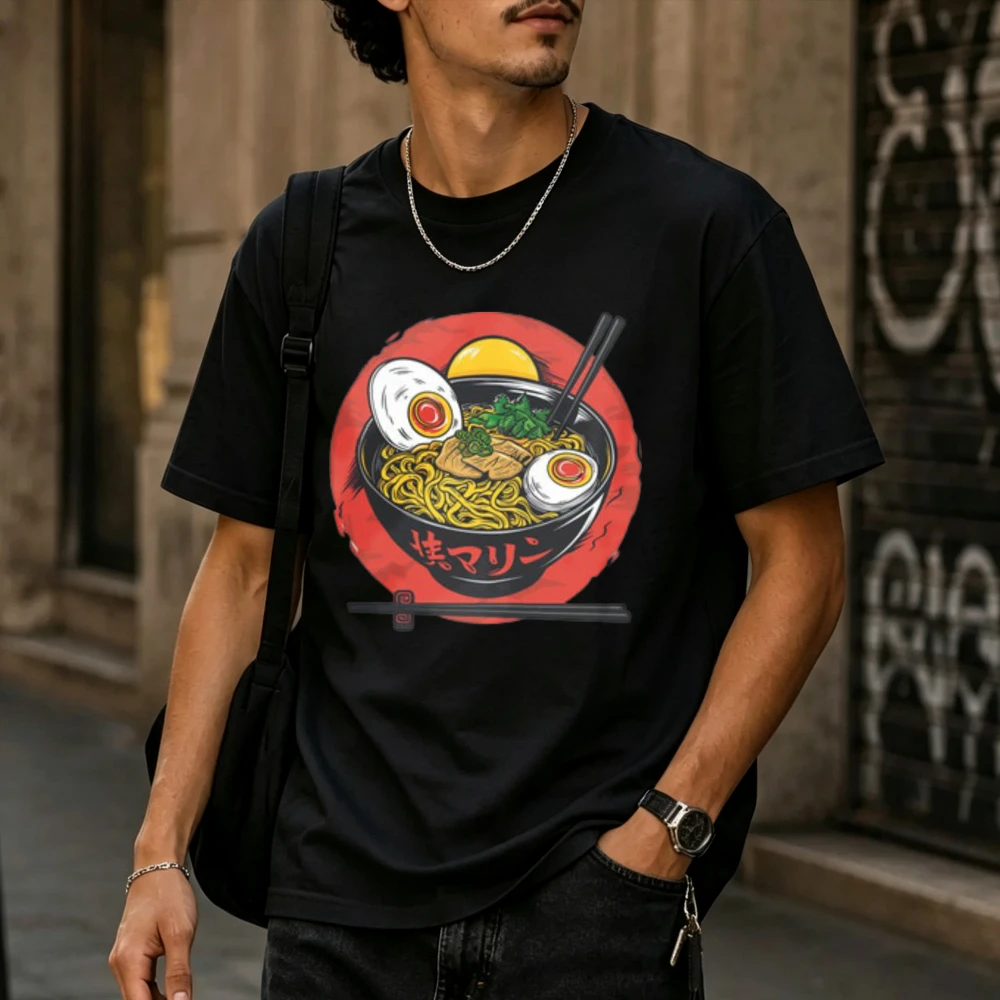 Mens Casual Short Sleeve T-Shirt Ramen Bowl Chopsticks Japanese Text Red Circle Graphic Soft-Boiled Egg Illustration Anime Stree