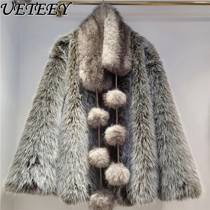 

Autumn Winter New Fur Integrated Thickened Loose Clothes Overcoat Fashion Detachable Fur Ball Scarf Faux Fur Coat for Women