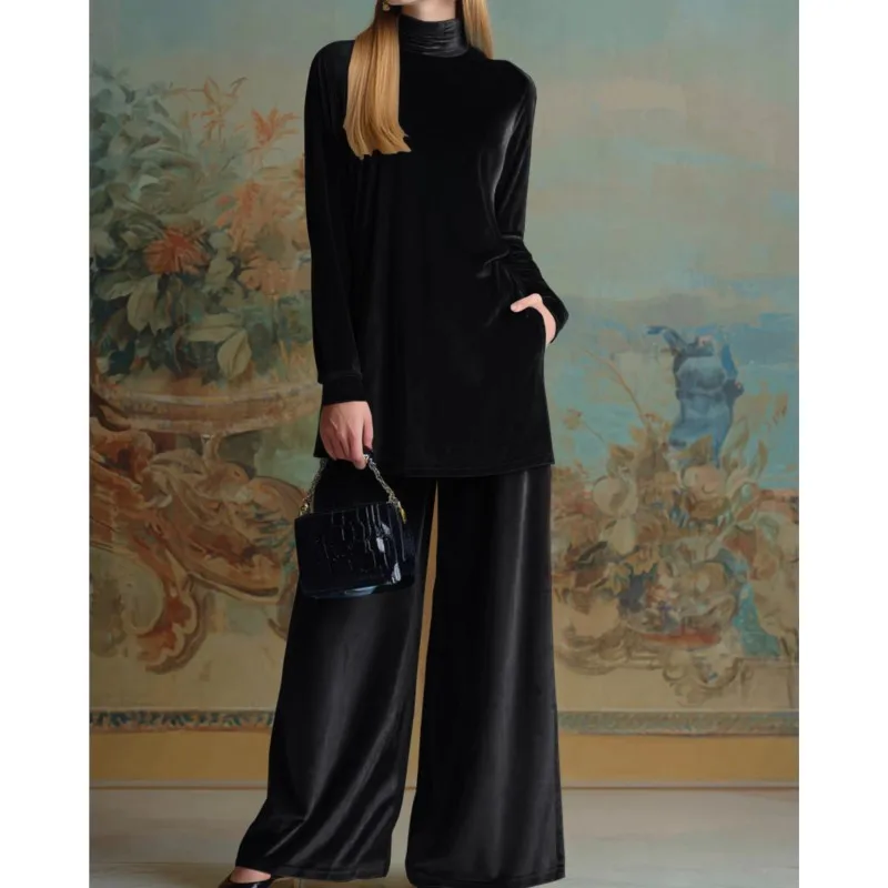 Moda retrò Velluto dorato Set due pezzi Pullover dolcevita Top + Pantaloni a gamba larga per donna 2025 Temperamento invernale Abito femminile