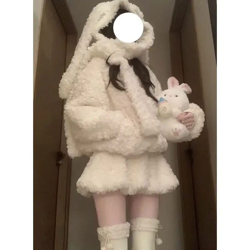 Winter New Plush Skirt Sets Cute Rabbit Ears Sweet Lamb Wool Coat + High Waist A-line Mini Skirt  2 Pcs Sets Women Y2k Suits