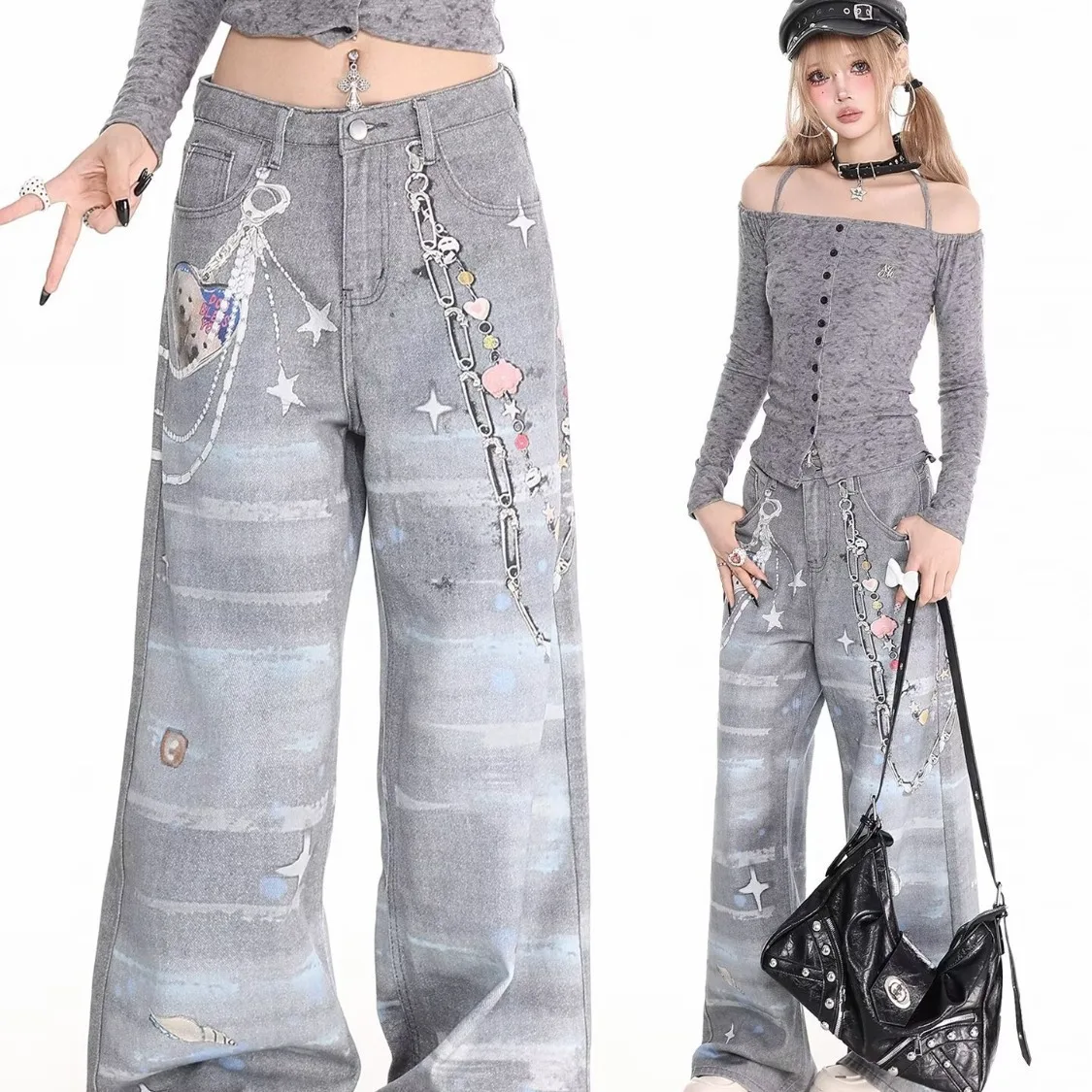 Women's Vintage Distressed Denim Jeans Chain Detail Printed Straight Leg Pants Loose Fit Y2K Streetwear Grunge Fashion Trousers