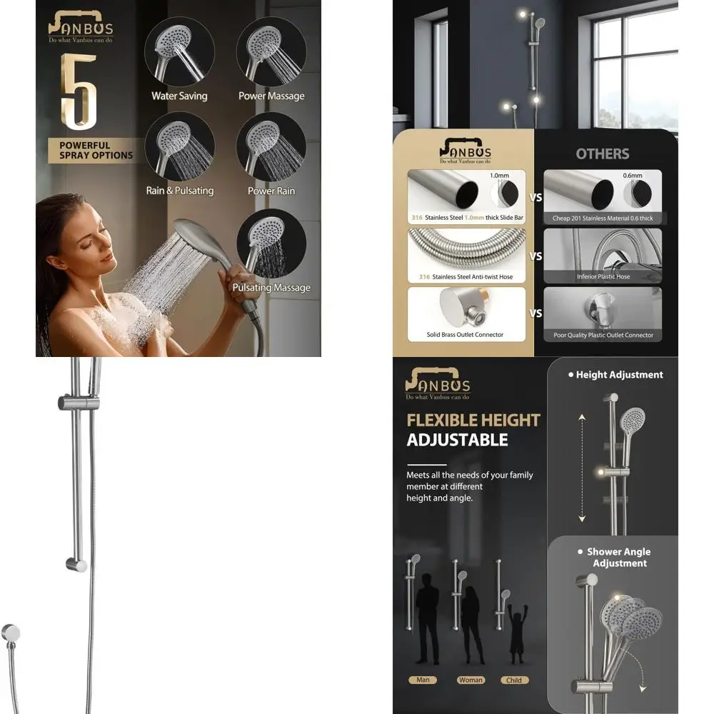 

Adjustable 5-Function Handheld Shower with 30 Stainless Steel Slide Bar in Brushed Nickel