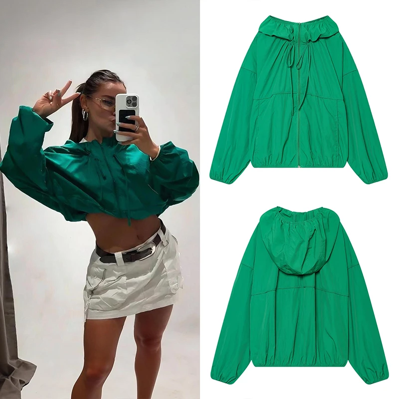 Guobioziy Women's Casual Slim-Fit Hooded Tech Fabric Jacket 2026 Spring-Autumn Euro-American Fashion Trendy Parka Cool Street
