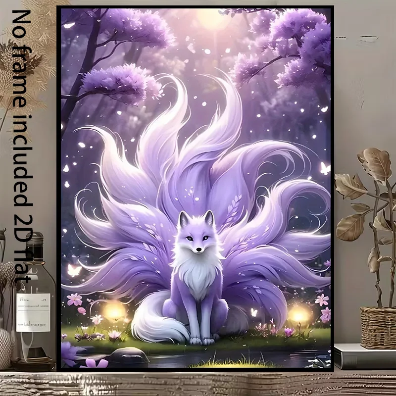 2D Flat, [2D Flat] 1pc Decorative Canvas Art: Nine-Tailed Fox in a Dreamy Forest, with Purple and White Fur Shimmering in the