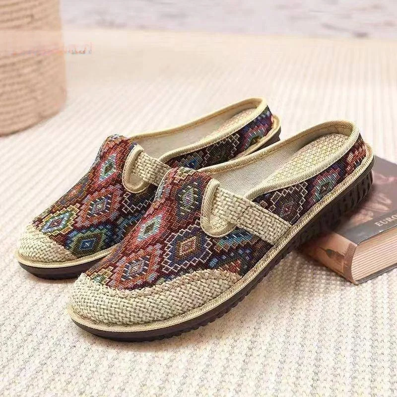 2024 Summer Ethnic Style Beijing Cloth Shoes Head Cover Slippers Breathable Women's Shoes Linen Hanfu Half Slippers Fashion C...