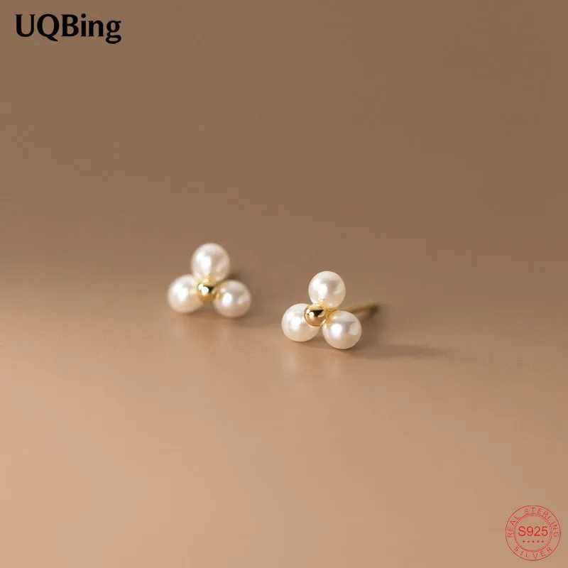 18K Gold Plated Synthetic Pearl Three Bead Floral Stud Earrings Gifts Party Women 925 Sterling Silver Jewelry